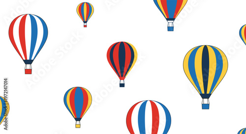 Numerous vibrant hot air balloons with diverse striped patterns in red, blue, and yellow float gracefully across a clean and expansive white sky background.