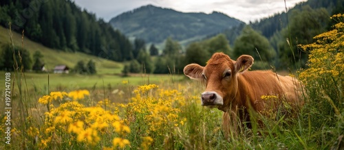 Brown Cow Resting in Field of Yellow Wildflowers with Green Hills and Mountain Range in Background