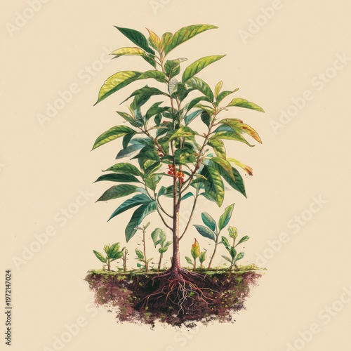 Young Green Plant Growing From Soil with Roots and Small Seedlings in Background