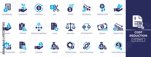 Cost Reduction solid icon set. Efficiency, operating, plan, profit, target, balance, budget, and more. Solid icon collection.