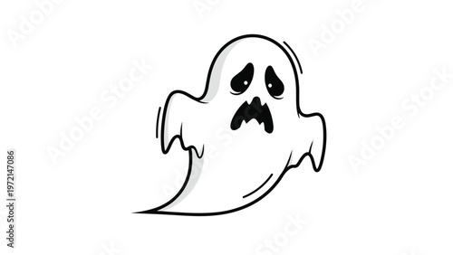 Cartoon ghost with a worried expression floating on a white background, perfect for Halloween and spooky themes.