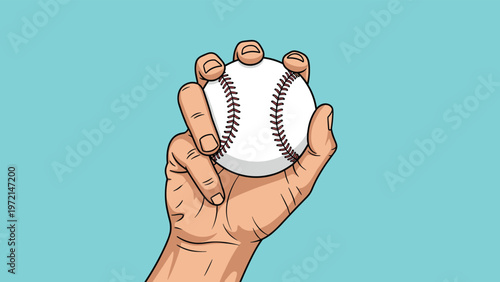 Close-up of a hand firmly gripping a baseball on a light blue background, representing sports and athletic skill.