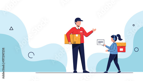 Courier in a red shirt delivering a package to a female customer, symbolizing e-commerce and modern shipping services.