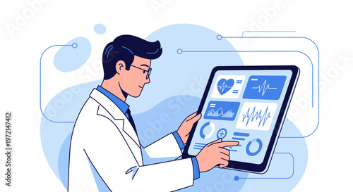Doctor analyzing medical data on a futuristic tablet screen with heart rate and charts