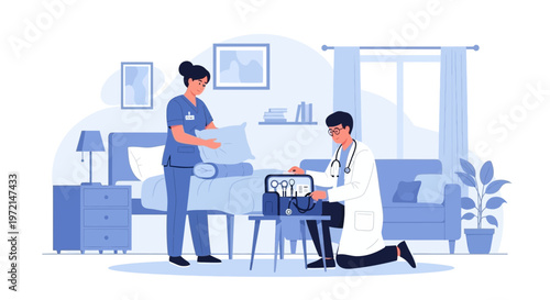 Doctor and nurse caring for patient in home bedroom, medical equipment in foreground