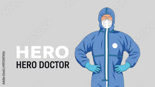 Brave medical professional wearing a blue protective hazmat suit and mask standing in a hero pose for safety against viruses and germs.
