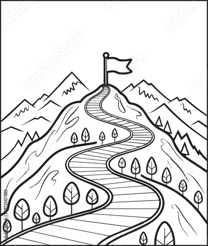 Mountain landscape outdoor scenery coloring page for kids, black line art vector illustration for activity book design