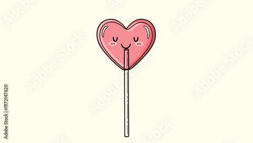 Cute pink heart shaped lollipop with a sweet smiling face on a white stick against a pale yellow background for valentine themes.