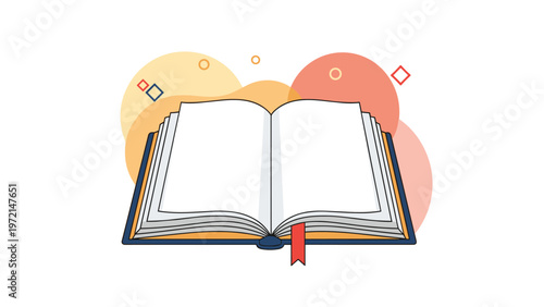 Wide open empty book with blank white pages and a red ribbon bookmark representing education and literary potential for school kids.