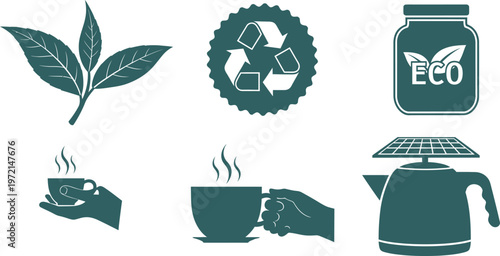 A collection of teal icons representing sustainable living concepts like tea and renewable energy