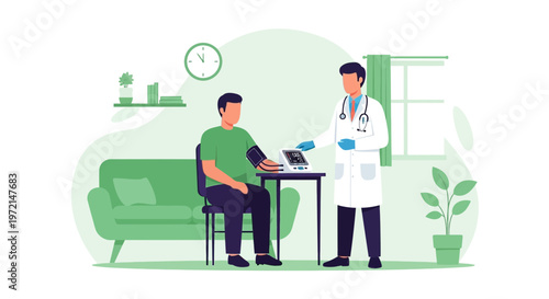 Doctor checking patient's blood pressure with medical equipment in clinic office