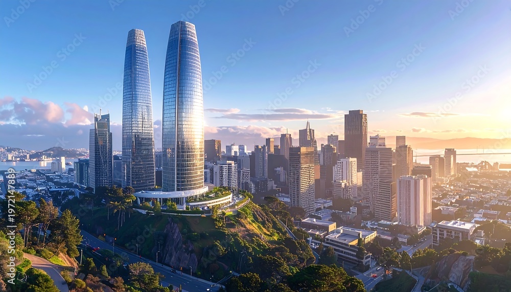 Obraz premium A futuristic cityscape with sleek skyscrapers at sunset