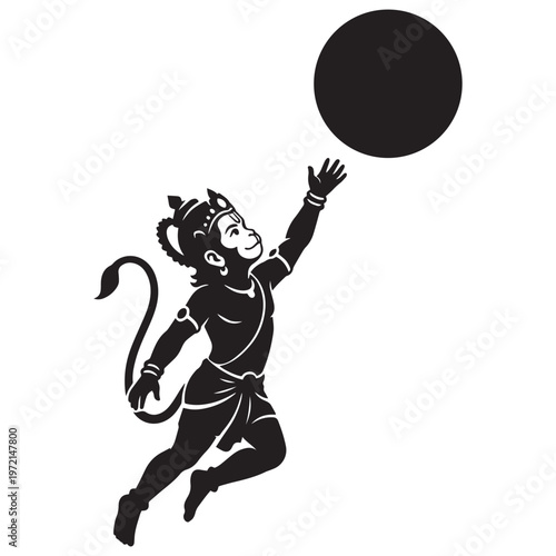 Silhouette of young Hindu monkey god Hanuman leaping to catch the sun illustration black and white mythological art