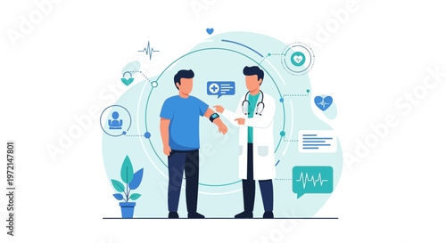 Doctor checking patient's smartwatch for health data, modern healthcare technology concept