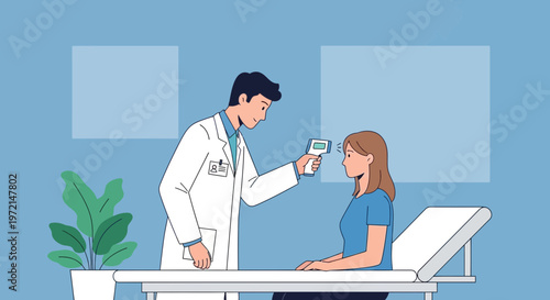 Doctor checking patient's temperature with infrared thermometer in clinic