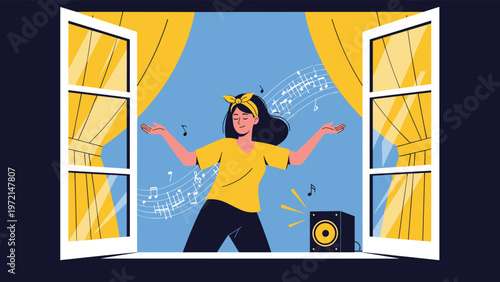 Energetic young woman dancing joyfully in front of an open window with music notes flowing from a large speaker in her home.
