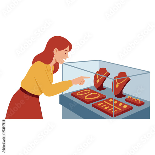 Woman examines jewelry on display in a store case carefully.