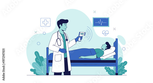 Doctor checking patient's temperature with infrared thermometer in hospital room, healthcare concept