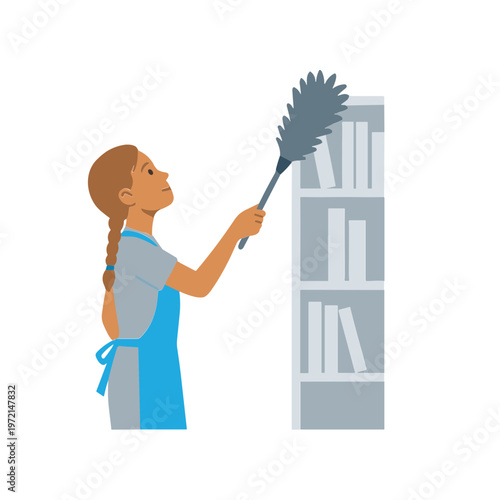Woman cleaning dust from books on a shelf with a duster.