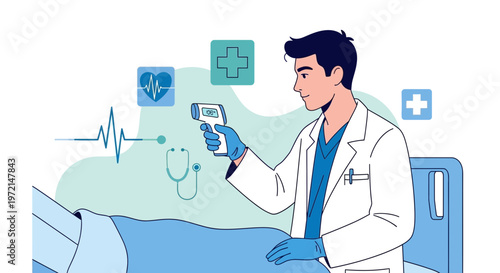 Doctor checking patient's temperature with infrared thermometer in hospital room, healthcare concept