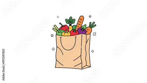 Eco friendly brown paper grocery bag overflowing with colorful fresh vegetables and various healthy organic food items for cooking.
