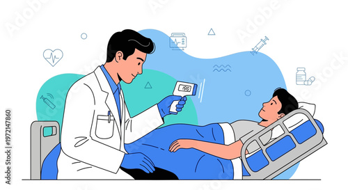 Doctor checking patient's temperature with infrared thermometer in hospital room
