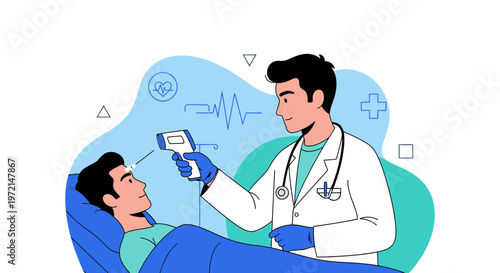 Doctor checking patient's temperature with infrared thermometer, medical checkup concept