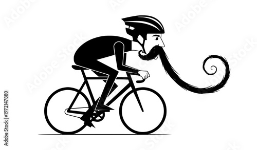 Quirky long mustache cyclist silhouette vector modern bike rider character isolated on white background
