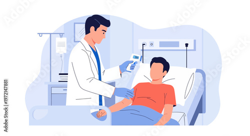 Doctor checking patient's temperature with thermometer in hospital room, healthcare concept