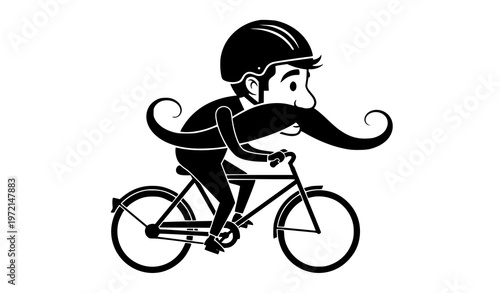 Funny mustache man riding bicycle silhouette vector with helmet playful character illustration isolated on white