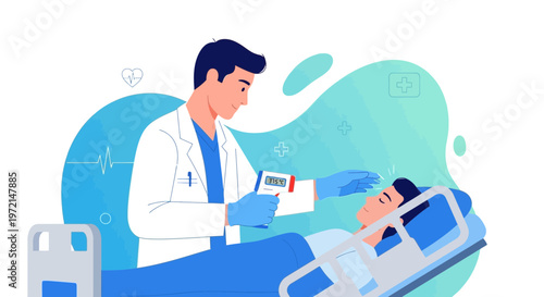 Doctor checking patient's temperature with thermometer in hospital bed, healthcare concept