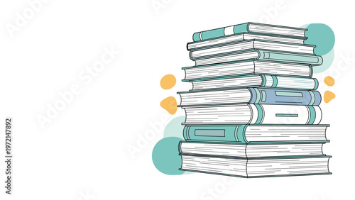 Large stack of various hardcover and paperback books in different colors and sizes arranged vertically for a library or education concept.