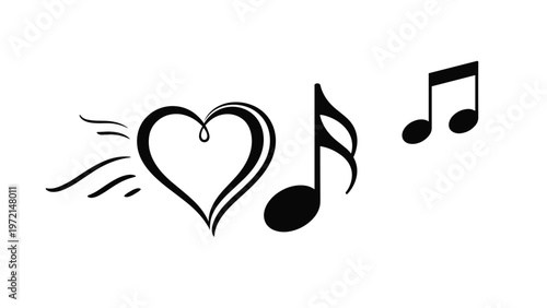 Artistic black silhouette of a heart flying through the air accompanied by floating musical notes and wind lines for romance theme.