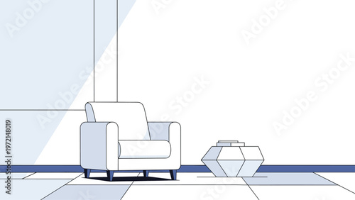 Modern and comfortable armchair in a bright minimalist living room with a small geometric side table and clean architectural lines.