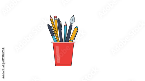Red plastic cup filled with an assortment of pens, pencils, brushes, and fountain pens representing art supplies and creative workspace.
