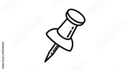 Simple black and white line art icon of a push pin or thumbtack shown at an angle for office supplies, stationery, and noticeboard concepts.