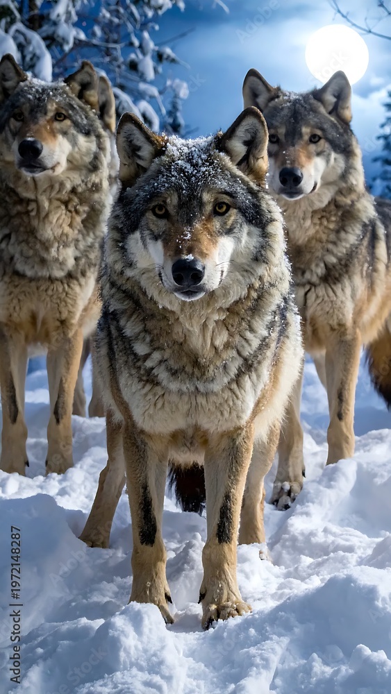Obraz premium A pack of wolves walking through snow towards the viewer