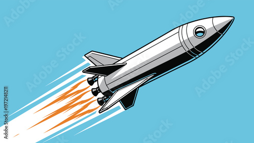 Retro style rocket ship blasting through a clear blue sky with bright orange flames shooting from its powerful engines.