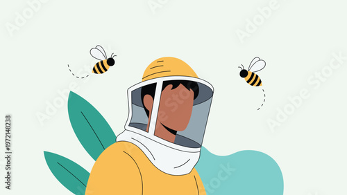 Professional beekeeper wearing a yellow protective suit and mesh veil with two honeybees flying nearby in a minimalist flat illustration.