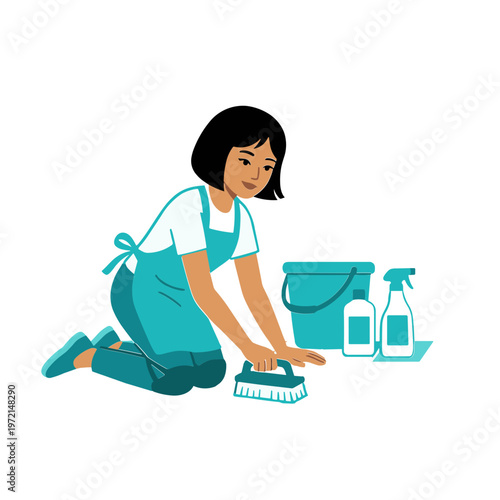 A woman kneels while cleaning with a brush and bottles nearby