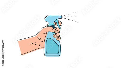 Close up of a human hand holding and using a blue plastic spray bottle to clean surfaces with a fine mist of liquid.