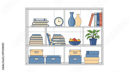 Large white shelving unit organized with various books vases a clock a potted plant and several storage boxes for home decor.