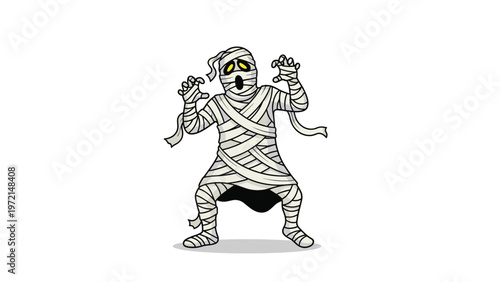 Creepy egyptian mummy character wrapped in tattered bandages with glowing yellow eyes and a scary expression for halloween decorations.