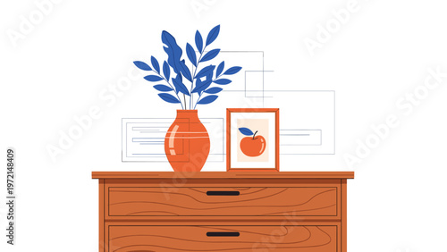 Wooden dresser with a vase of blue leaves and a framed apple picture against a background of minimalist geometric lines and rectangles.