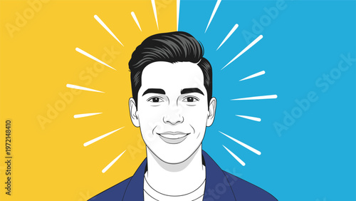 Cheerful young man with dark hair smiling warmly set against a split blue and yellow background with dynamic rays.