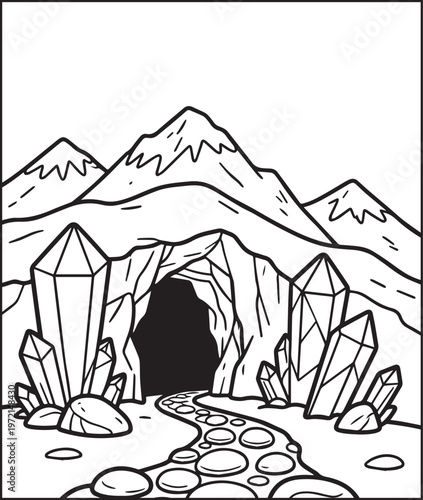 Mountain landscape outdoor scenery coloring page for kids, black line art vector illustration for activity book design