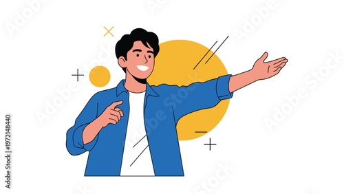 Dynamic illustration of a smiling young man in a blue shirt gesturing outwards towards an abstract yellow circle.