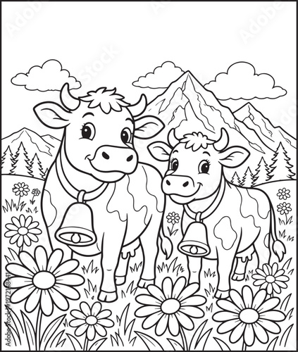 Mountain landscape with two cow outdoor scenery coloring page for kids, black line art vector illustration for activity book design