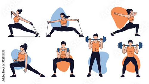 Comprehensive fitness collection showing men and women performing various strength training exercises with weights.