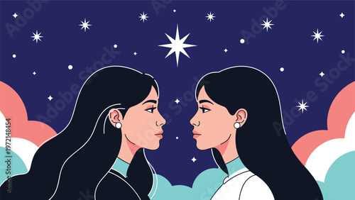 Enchanting scene of two women in profile facing each other under a vast starry sky with a bright central star.